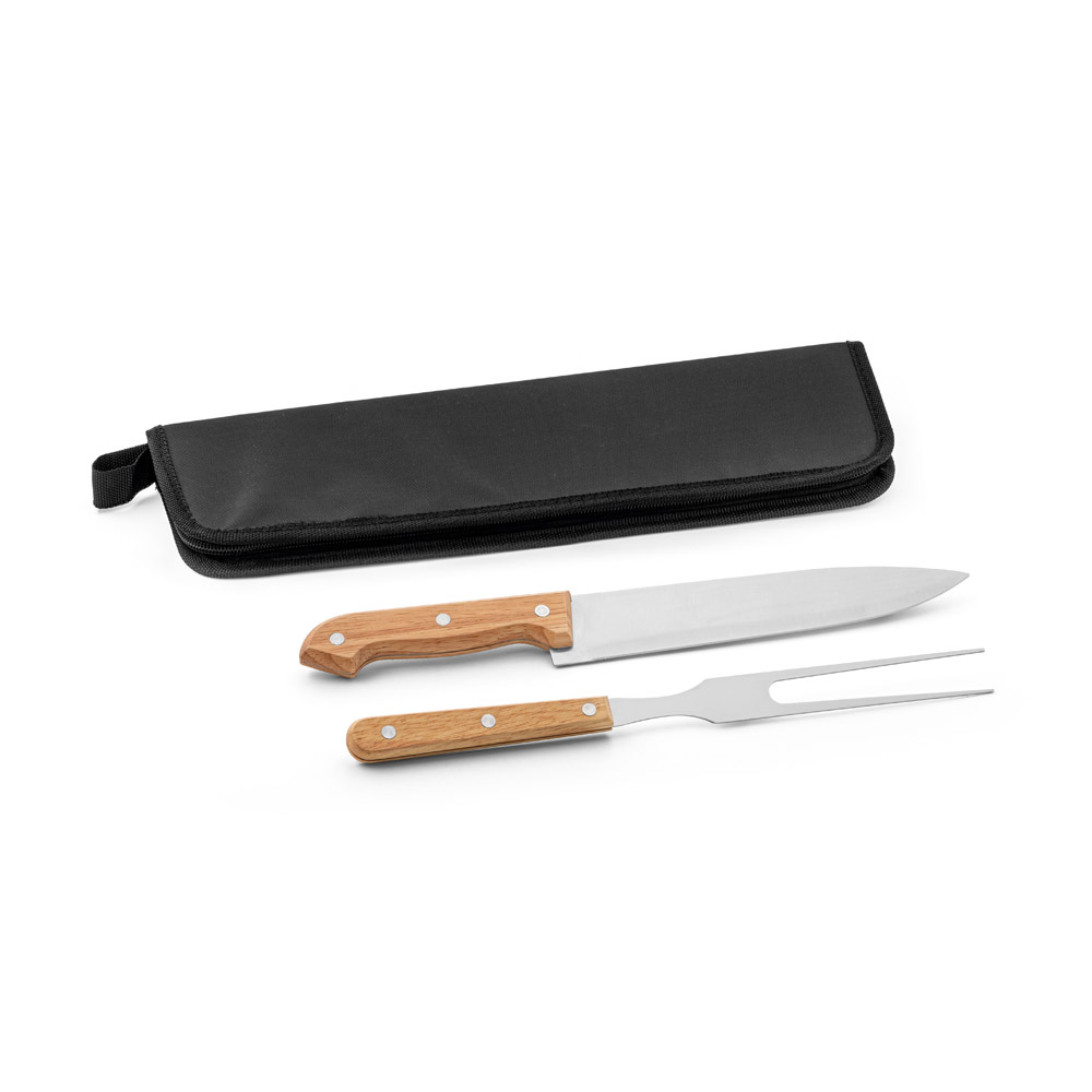 KIT CHURRASCO EM ESTOJO DE 210D COM 2 UTENSÍLIOS EM AÇO INOX E MADEIRA SERINGUEIRA