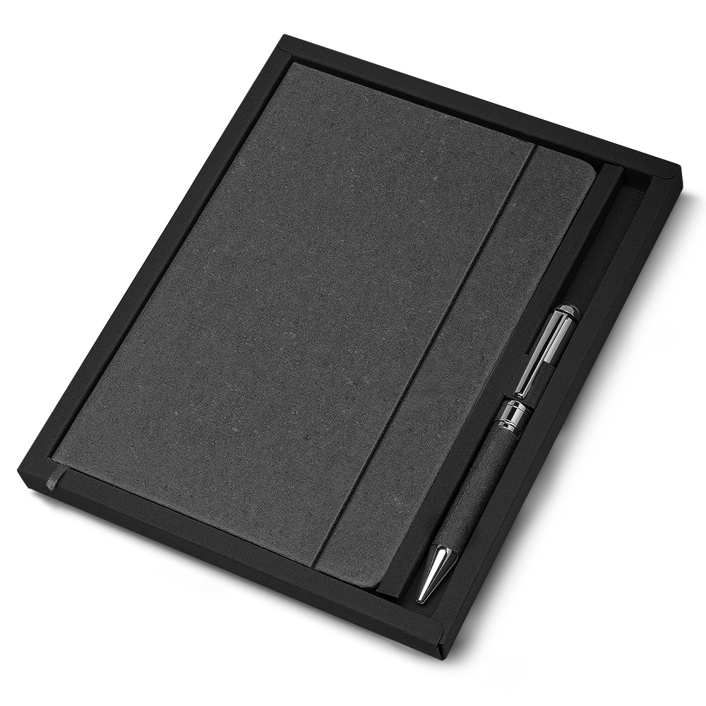 KIT ESCRITÓRIO A5 CAPA EM COURO RECICLADO E CANETA METALICA - GRAFITE