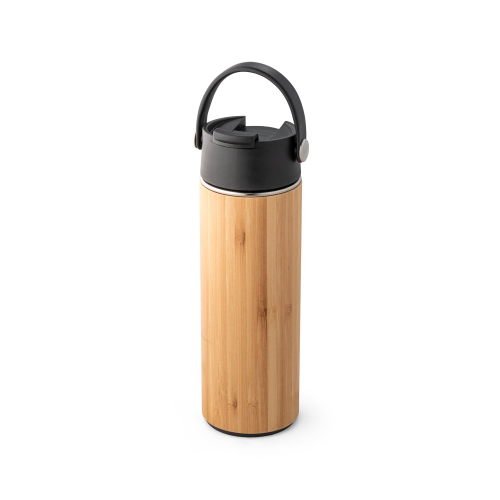 GARRAFA TÉRMICA EM AÇO INOX E BAMBU, DE PAREDE DUPLA ISOLADA A VÁCUO (440 ML)