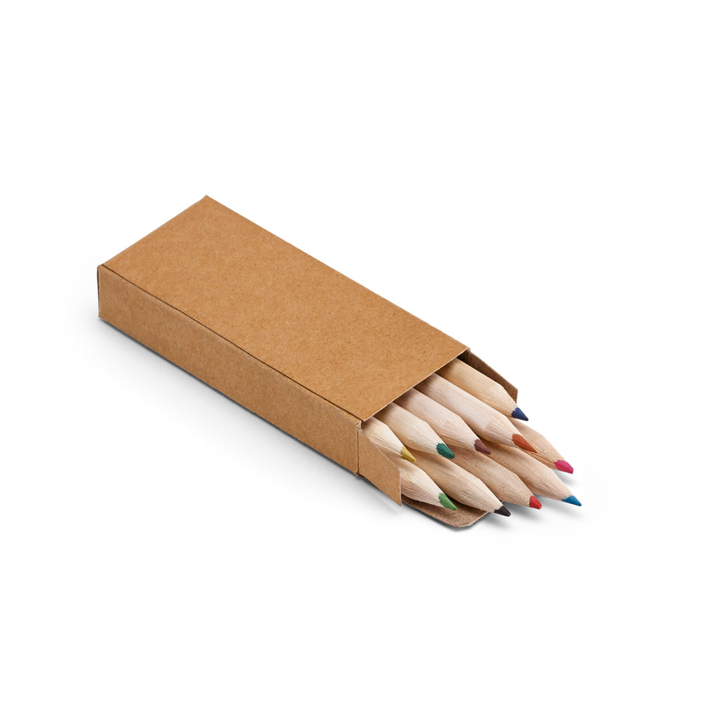 CAIXA DE PAPEL KRAFT RECICLADO COM 10 MINI LÁPIS DE COR