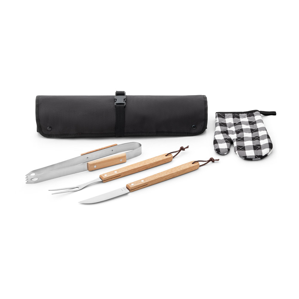 KIT CHURRASCO COM 3 UTENSÍLIOS EM AÇO INOX E MADEIRA DE SERINGUEIRA E LUVA