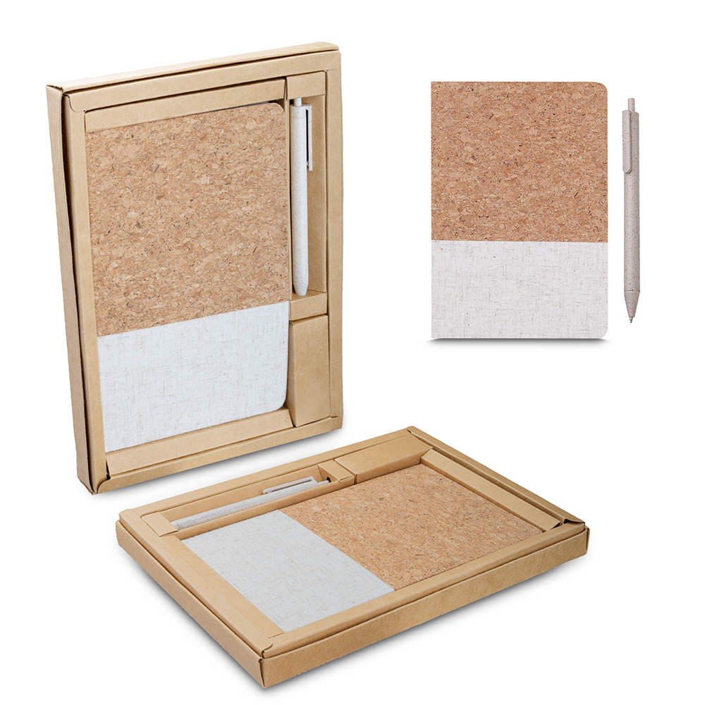 KIT ESCRITÓRIO A5 CAPA EM CORTIÇA E CANETA PLÁSTICA RECICLADA