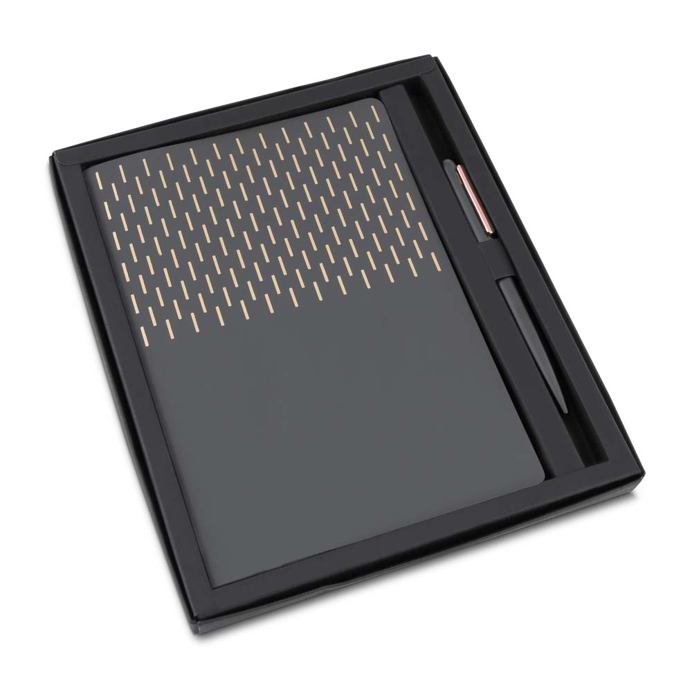 KIT ESCRITÓRIO A5 CAPA EM PU E CANETA METALICA - CINZA
