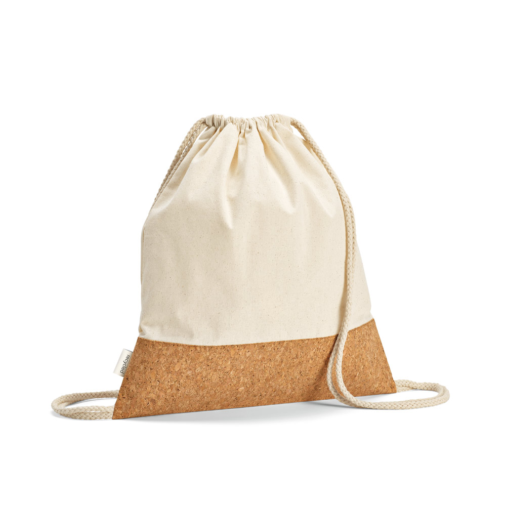 SACOLA TIPO MOCHILA EM 70% ALGODÃO RECICLADO E 30% POLIÉSTER RECICLADO (180G/M²) COM BASE EM CORTIÇA