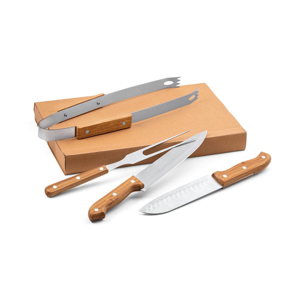 Kit Churrasco em Caixa Kraft com 4 Peças em Aço Inox e Bambu