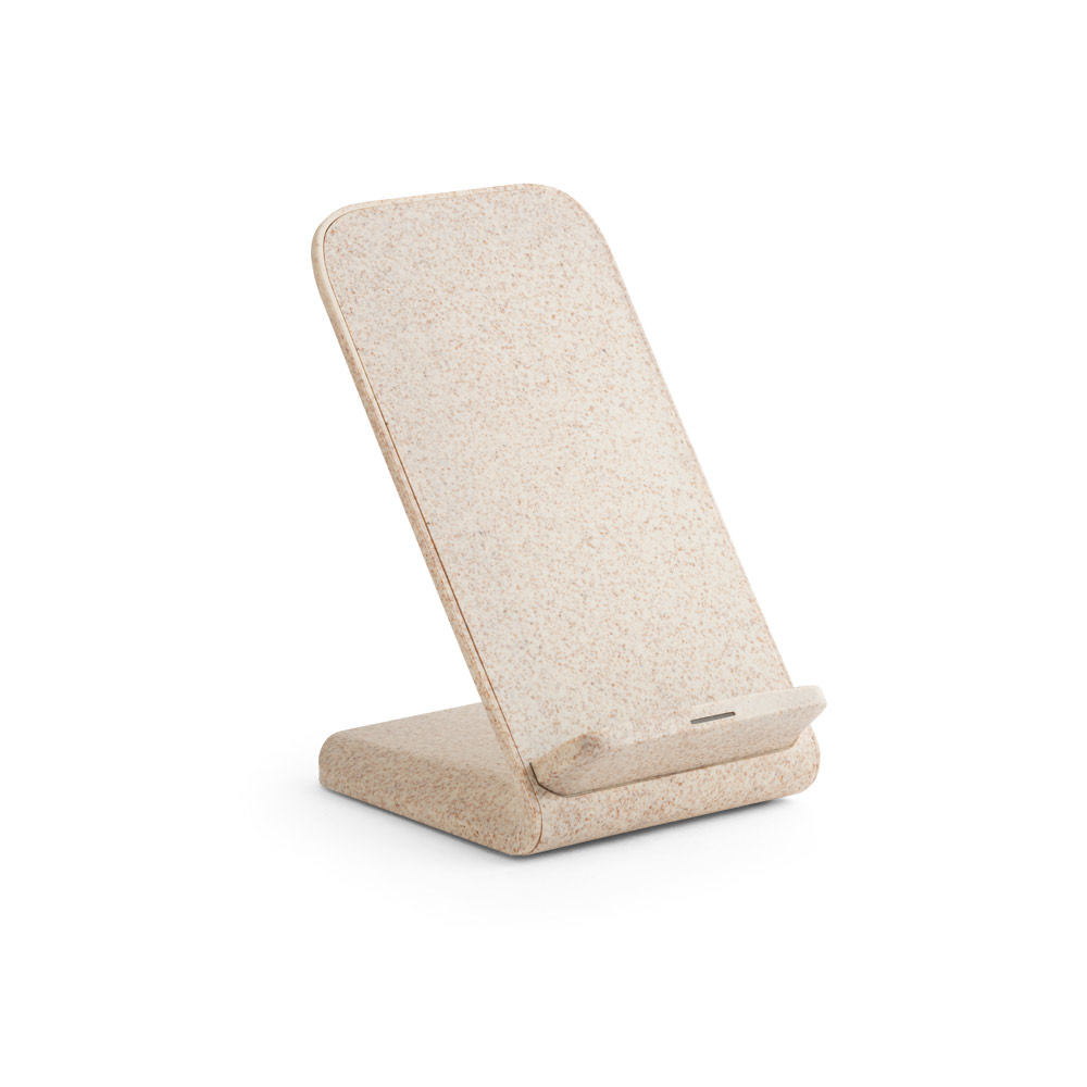 SUPORTE PARA CELULAR COM CARREGADOR POR INDUÇÃO SUPER-RÁPIDO (15W), EM FIBRA DE PALHA DE TRIGO E ABS