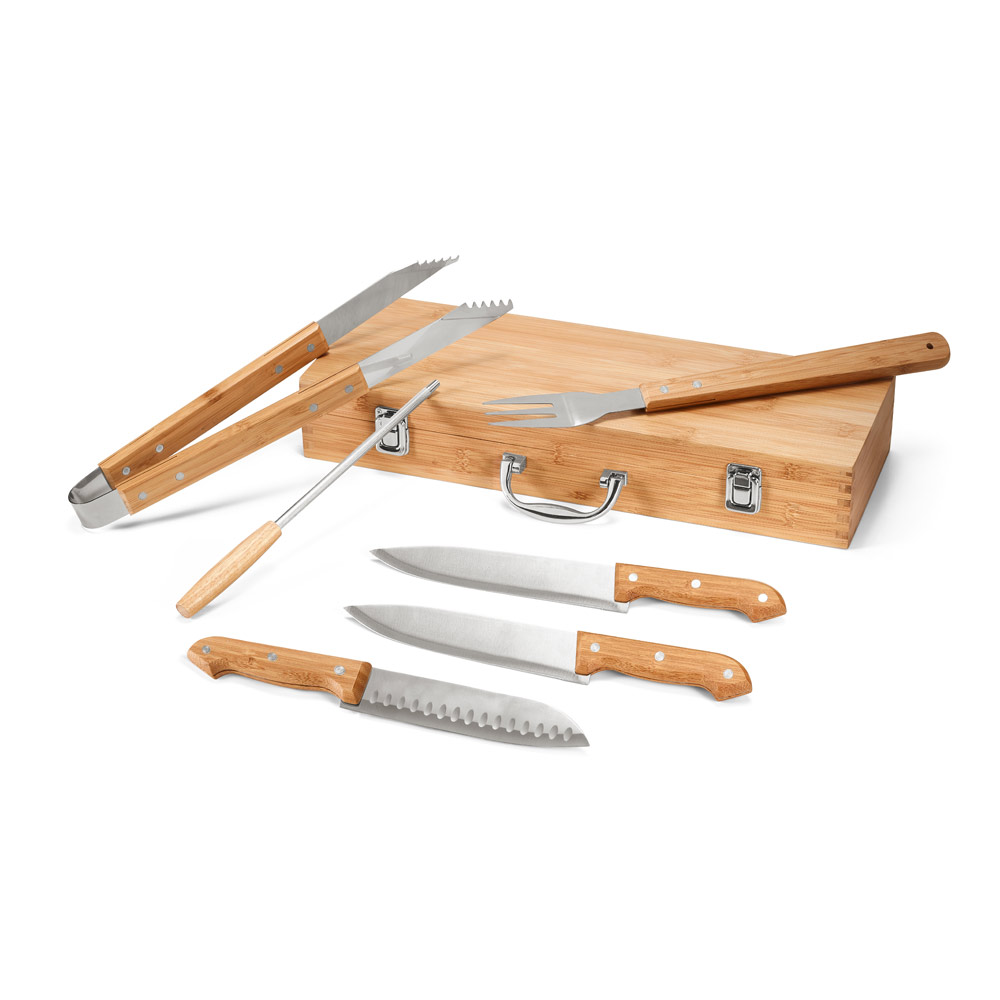 KIT CHURRASCO EM ESTOJO DE BAMBU COM 6 PEÇAS EM AÇO INOX E BAMBU