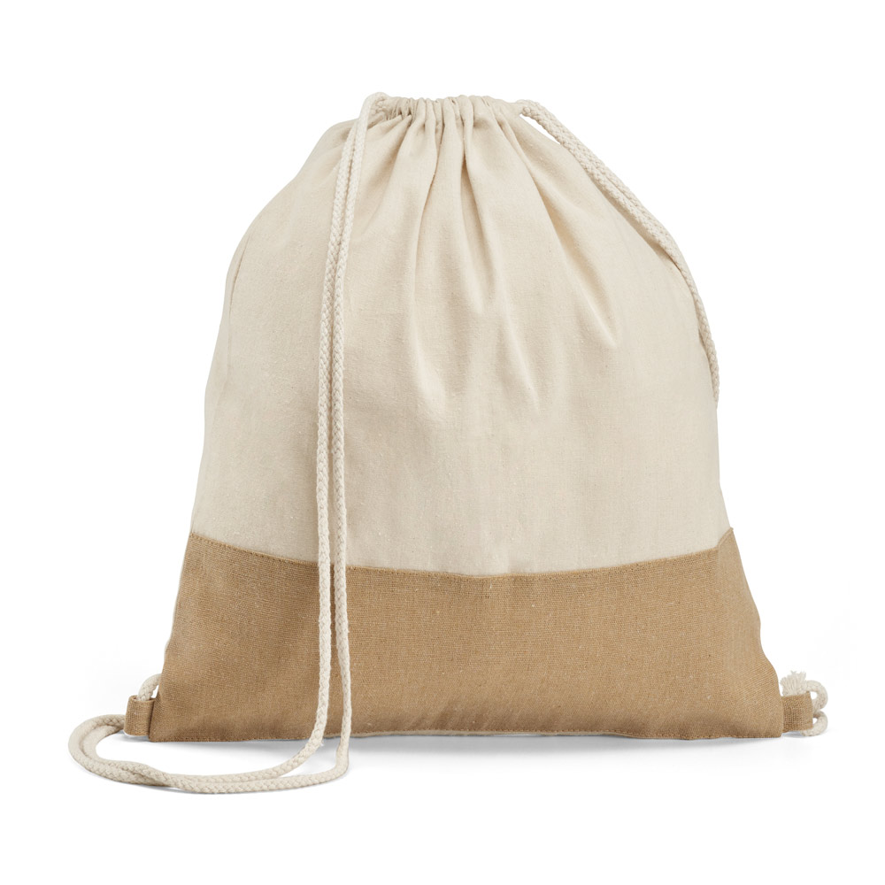 SACOLA TIPO MOCHILA 100% ALGODÃO (160 G/M²) COM DETALHE EM IMITAÇÃO DE JUTA