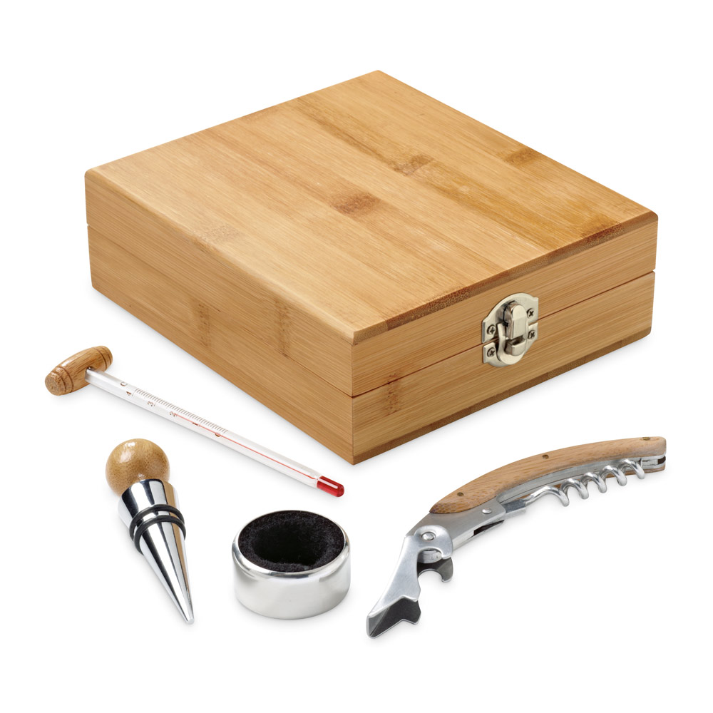 CONJUNTO PARA VINHO EM BAMBU, INOX, VIDRO E ABS