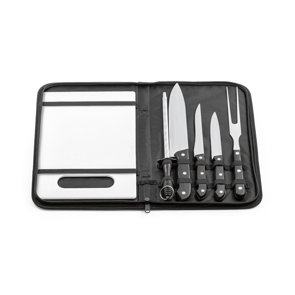 KIT CHURRASCO EM ESTOJO DE NYLON 210D COM TÁBUA EM PP E 5 UTENSÍLIOS EM AÇO INOX E PP