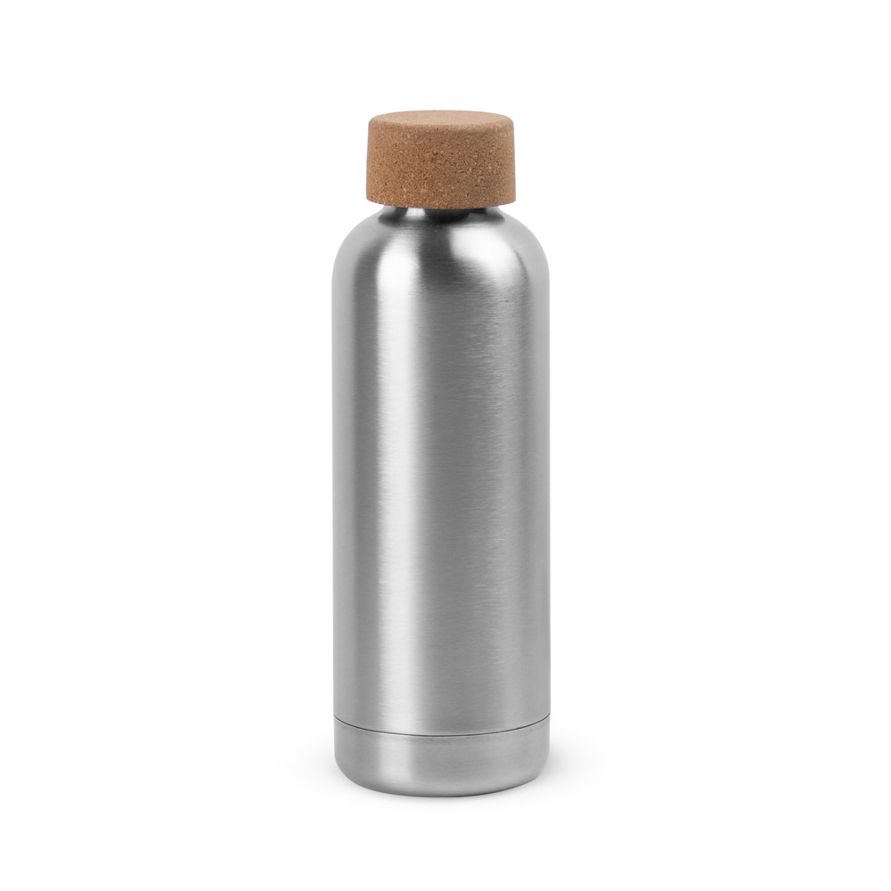 SQUEEZE EM AÇO INOX DE PAREDE SIMPLES COM TAMPA EM CORTIÇA (760 ML)