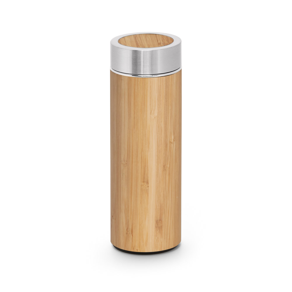 GARRAFA TÉRMICA EM AÇO INOX 90% RECICLADO E BAMBU, DE PAREDE DUPLA ISOLADA A VÁCUO (430 ML)