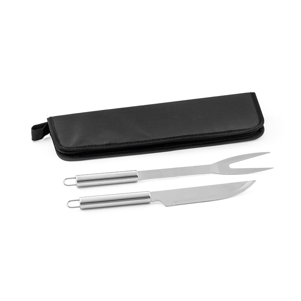 KIT CHURRASCO EM ESTOJO DE 210D COM 2 UTENSÍLIOS EM AÇO INOX