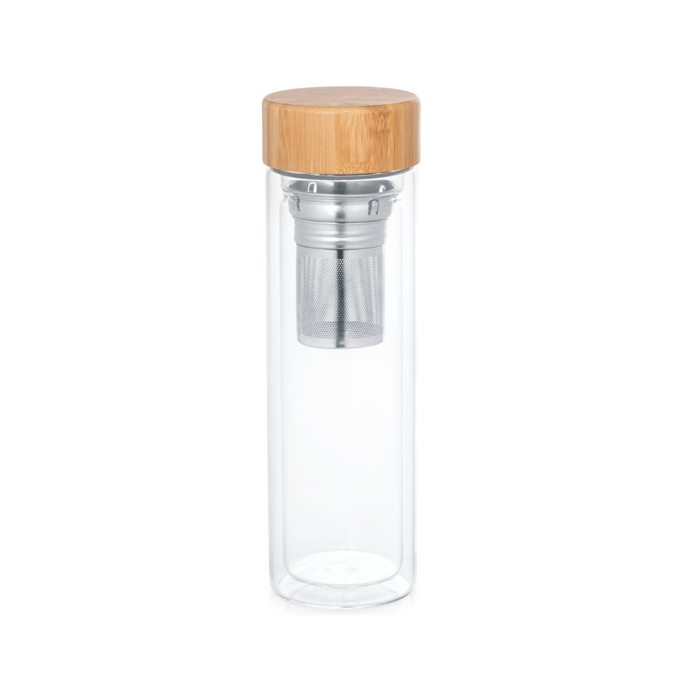 GARRAFA TÉRMICA EM VIDRO BOROSSILICATO DE PAREDE DUPLA ISOLADA A AR, COM 2 INFUSORES (490 ML)